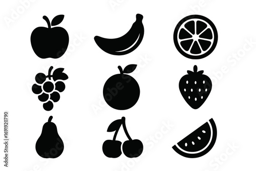 Bold black silhouette fruit icons set featuring apple, banana, citrus, grapes, orange, strawberry, pear, cherries, watermelon slice. Vector cartoon style isolated on transparent background.