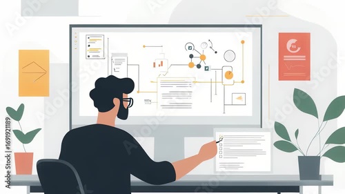 Man Working on Project Management Software, Reviewing Checklist, Analyzing Data Flow Diagrams, Modern Office, Focus on Efficiency and Productivity