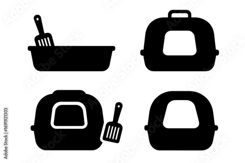 Silhouette icons of cat litter boxes with scoops and covers, vector cartoon illustration, transparent background, ordered set of pet care essentials, cat hygiene