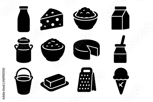 Silhouette icons of dairy products and tools in black and white vector, dairy farm utensils and food illustration, cheese, milk bottle, butter, grater, bowl, bucket, ice cream