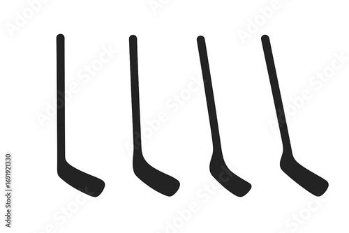 Silhouette set of modern minimalist hockey sticks, vector cartoon illustration with transparent background, ordered collection of black ice hockey stick designs for sports equipment