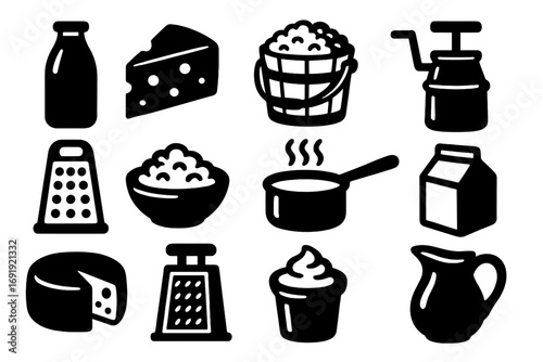 Silhouette icons of dairy products and kitchen tools, black and white vector set, cheese, milk bottle, grater, cream, pot, bucket, carton, pitcher, cartoon style, transparent background