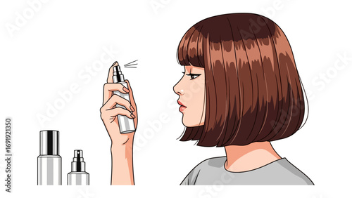 Young woman with short brown hair holding a perfume bottle and spraying it with two other perfume bottles in the foreground isolated on white background