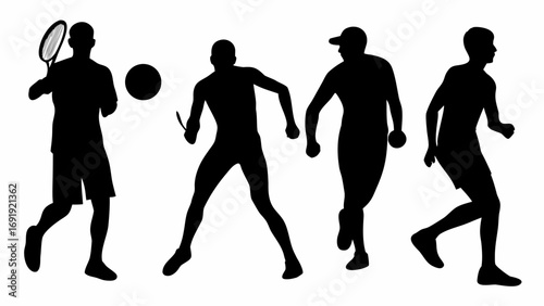 Silhouettes of athletes playing various sports including tennis volleyball and track and field activities