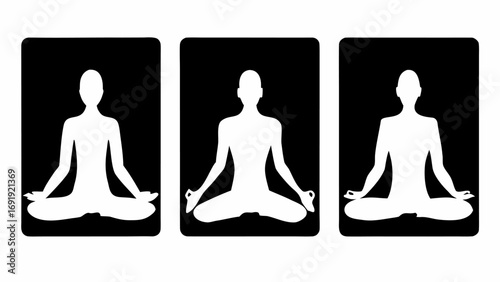 Three black squares each containing a white silhouette of a person in the lotus position meditating pose