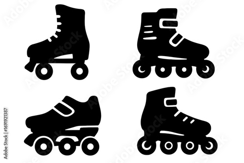 Silhouette roller skates icon set, vector cartoon illustration with transparent background, four different skate designs showing vintage and modern styles, inline and quad wheels