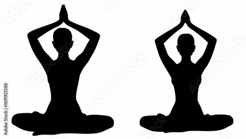 Two silhouettes of women in yoga poses with hands raised above their heads in a meditative position