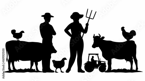 Silhouette of farmers with livestock including cows chickens and a tractor in a rural farming scene view