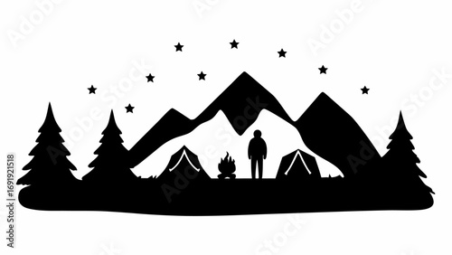 Silhouette of camping scene with mountains tents campfire person and stars under the night sky view