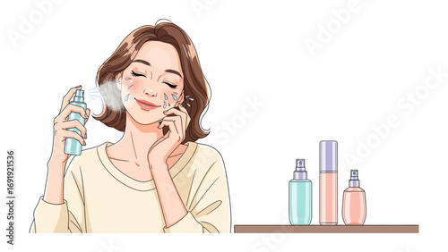 Young woman enjoying a refreshing facial mist spray for skincare and beauty hydration while several cosmetic bottles sit on a shelf nearby