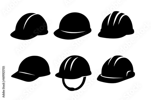 Silhouette set of black and white safety helmets icons, construction and industrial hard hats vector illustration, protective gear symbols, worker safety concept, isolated design set