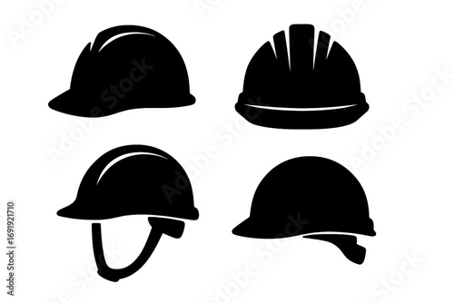 Silhouette set of black and white safety helmets icons, vector illustration with transparent background, construction hard hats, industrial protective helmets, safety gear set