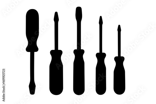Silhouette set of screwdrivers, iconic black hardware tools for repair and maintenance, vector cartoon illustration with transparent background, ordered tool collection
