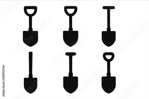 Silhouette set of six unique shovel designs for gardening, construction, digging, landscaping, tools vector illustration, black spade icons with transparent background