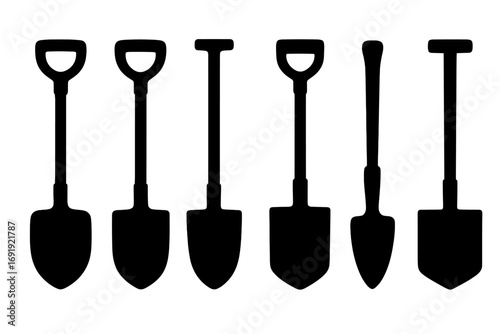 Silhouette set of six distinct shovel designs for gardening, construction, digging tools, black vector illustrations, diverse spade shapes, gardening equipment collection, transparent background