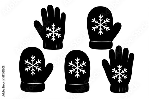 Silhouette set of winter gloves and mittens with snowflake design, warm handwear vector illustration, cozy winter accessories, cold weather protection, cartoon style