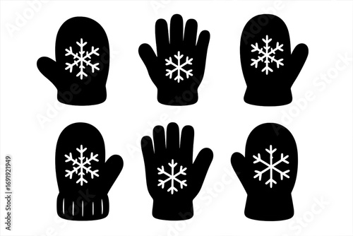 Silhouette winter gloves and mittens set with white snowflake design, cartoon style vector illustration with transparent background, warm cold weather accessories collection