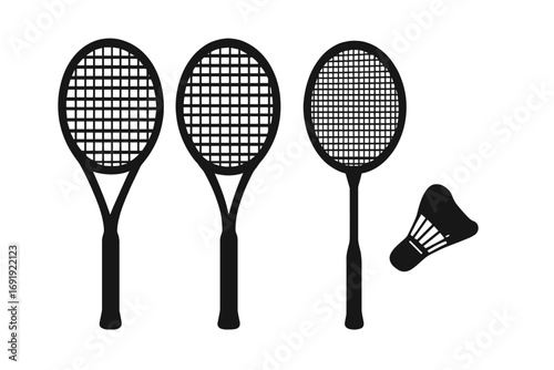 Silhouette tennis and badminton rackets set with shuttlecock on white background, vector cartoon illustration, sports equipment collection, racket game accessories