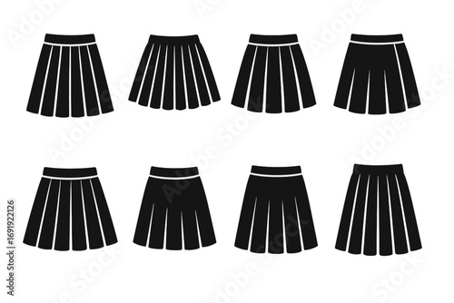 Stylish black pleated skirt silhouette collection, fashionable vector icons set, trendy skirt designs with transparent background, ordered stylish women’s skirt set, cartoon illustration