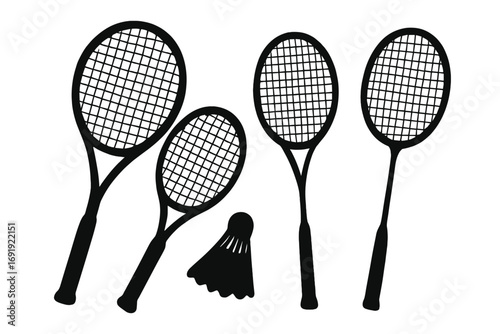 Silhouette set of tennis and badminton rackets with shuttlecock on white background, vector cartoon illustration, sports equipment collection, racket game gear, black design