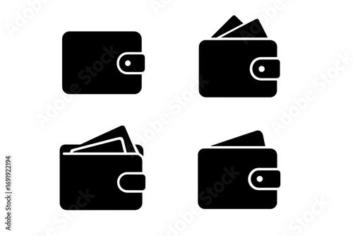Minimalist silhouette wallet icons set with money management concept, vector cartoon illustrations, transparent background, assorted wallet designs for finance and payment
