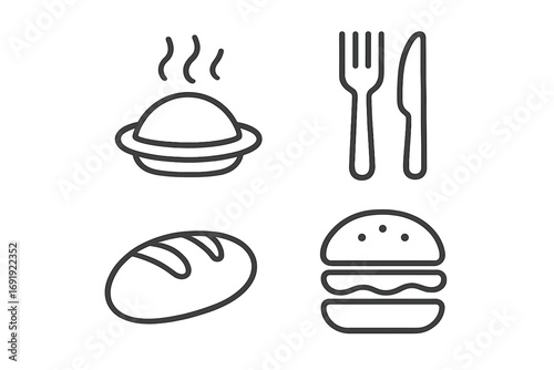 Simple linear icons of food and cutlery for minimalist design, vector cartoon illustration set with transparent background, including hot dish, bread, burger, fork and knife icons, culinary symbols