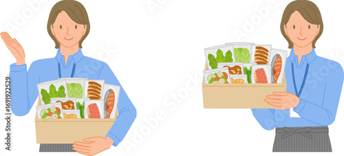 ミールキットを持った笑顔の宅食スタッフ女性のセット