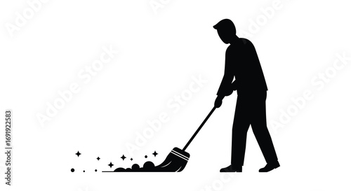 a silhouette figure sweeping debris with broom