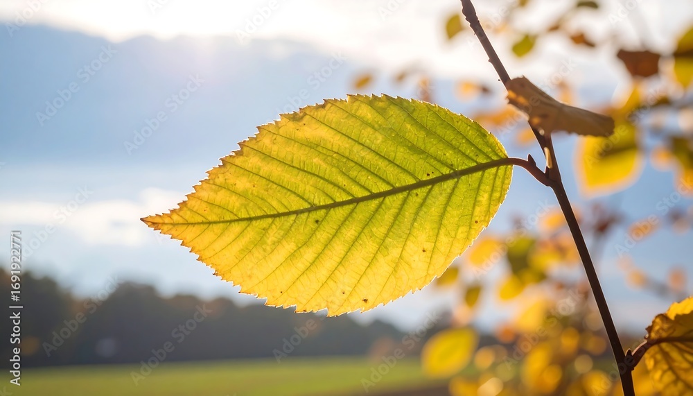 Obraz premium Sunlit autumn leaf, close-up view