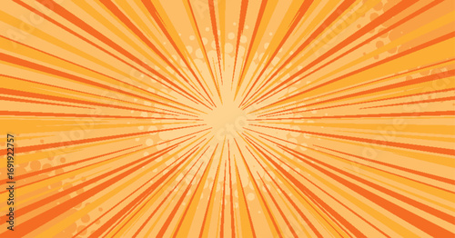 Anime comic burst bg with orange radial rays and sparkles for manga panels. Bright sunburst pattern with speed lines from center. Dynamic explosion effect for action scenes or superhero illustrations.