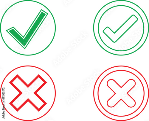 Green check marks and red cross symbols inside circles in simple vector style. Approval and rejection icons for decision making, interface, and graphic design. Clear outline sign collection.