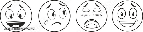 Cartoon emoji faces showing different emotions in black and white outline. Expressive hand-drawn mood icons for comics and design projects. Vector illustration of feelings.