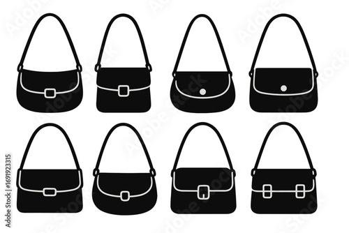 Variety of silhouette shoulder bags with clasps and straps in minimalist design, vector cartoon illustration, transparent background, ordered set of stylish handbags for fashion and accessories