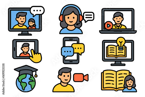 Virtual communication and online learning icons collection with video calls, chat bubbles, headset, digital education, global graduation cap, and e-learning concept cartoon illustrations set