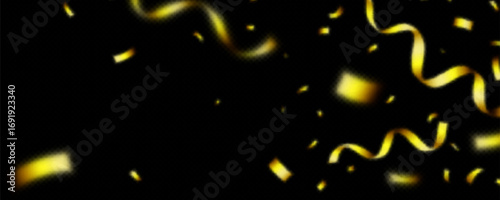 Festive celebration with confetti gold explosion effect for party design - floating ribbons, metallic streamers and blurred particles. Luxury decoration elements with motion blur for event or victory.