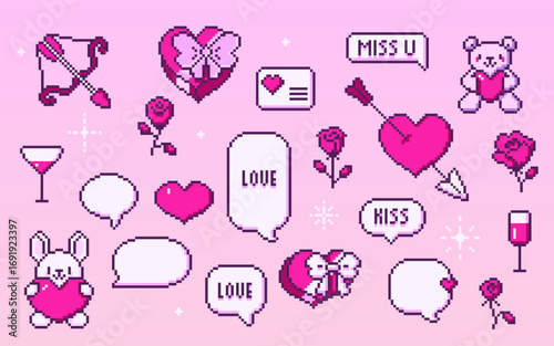 Cute 8 bit set with pixel valentine retro icons for romantic design - pink hearts, bunny with love, bow and arrow, rose and wine glass. Envelope and teddy bear element for dating game or greeting card