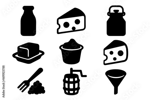 Silhouette icons of dairy products and tools in black and white design, vector illustration set with milk bottle, cheese, butter, cream, fork with caviar, butter churn, funnel, transparent background