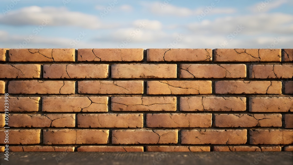 Obraz premium Rustic Brick Wall with Cracks Under Blue Sky