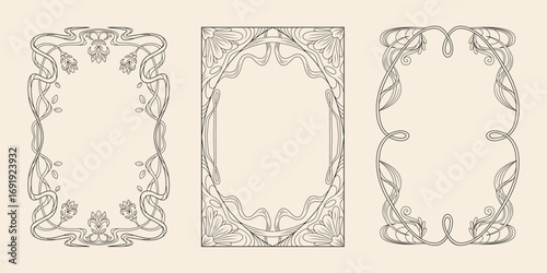 Art nouveau frame set with flowing botanical lines, curved vines and ornamental leaves for decorative borders. Elegant rectangular designs with organic patterns. Classic vintage poster or invitation.