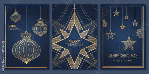 Elegant Christmas card designs with minimalist golden snowflake and ornament patterns on blue bg. Art deco geometric star motifs with linear decorations and holiday greetings. Luxury festive templates