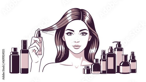 Beautiful woman with long flowing hair applying hair spray from a bottle surrounded by various cosmetic and beauty products for hair care