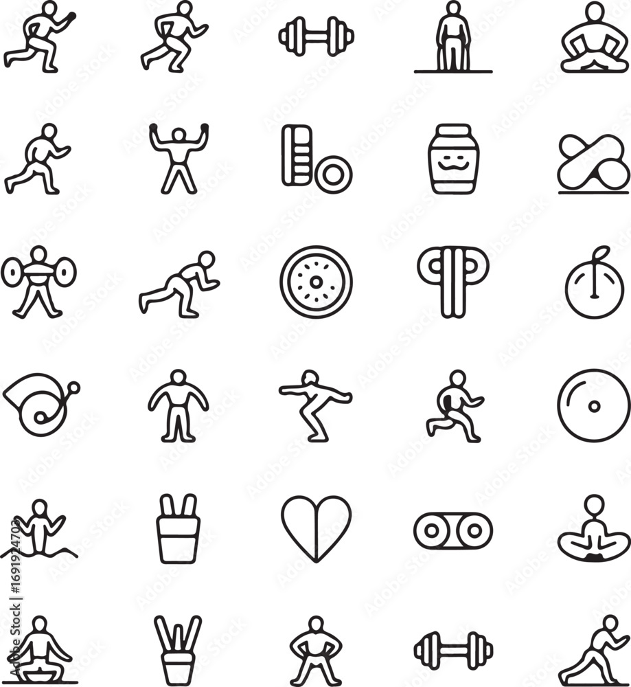 Fototapeta premium Fitness and Health Icons Set Running Dumbbell Yoga Meditation Weightlifting Keywords: fitness, health