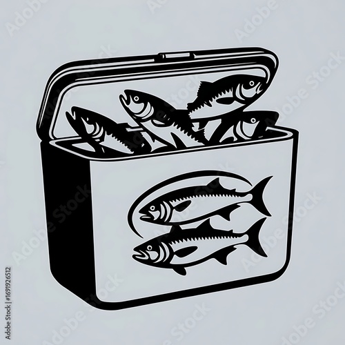 Black and white illustration of a cooler box filled with fish, featuring fish graphics on the cooler