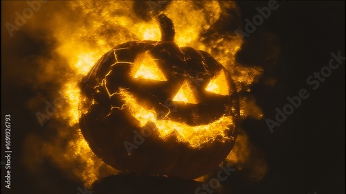 High Impact Cinematic Jack-o'-Lantern Explosion with Fiery Particles on Black Background