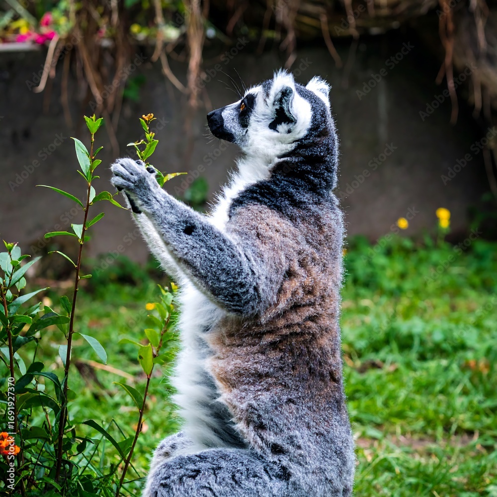 Fototapeta premium Lemur reaching for a flower