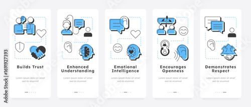 Wallpaper Mural Active listening benefits mobile app onboarding screens. Mental wellness, communication skills. Critical thinking. Flat UI UX design, blue highlight with outline icons conceptual. Lexend font used Torontodigital.ca
