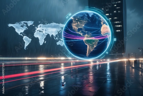 A digital globe projection with illuminated continents and data lines overlays a rainy urban street scene at night.