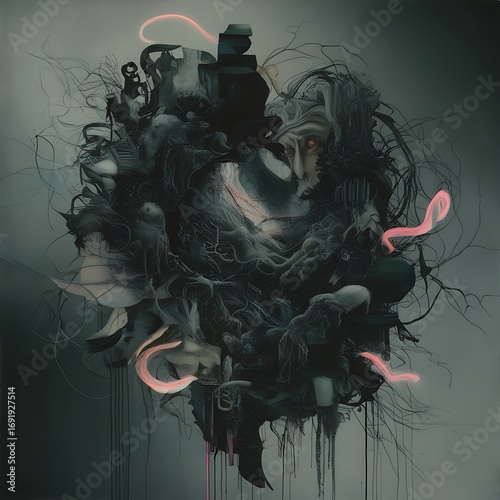 Abstract dark composition featuring twisted forms, organic shapes, and glowing pink accents with a mysterious, eerie atmosphere.