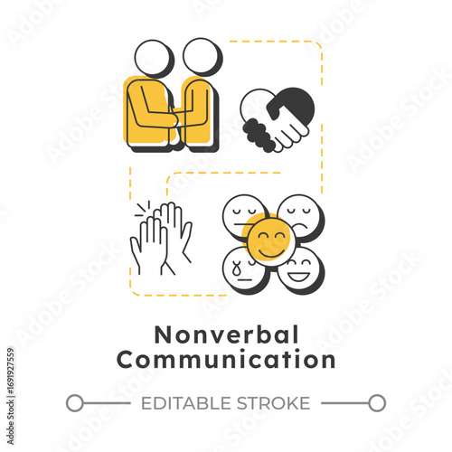 Nonverbal communication modern linear concept icon. Social interaction, messaging. Positive personality. Flat outline elements connected with dotted lines. Creative visual. Easy to edit