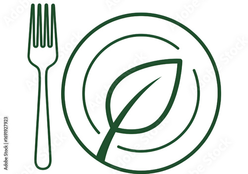 Flat symbol of vegan plate and fork, leaf shape inside circle, PNG, no shadows